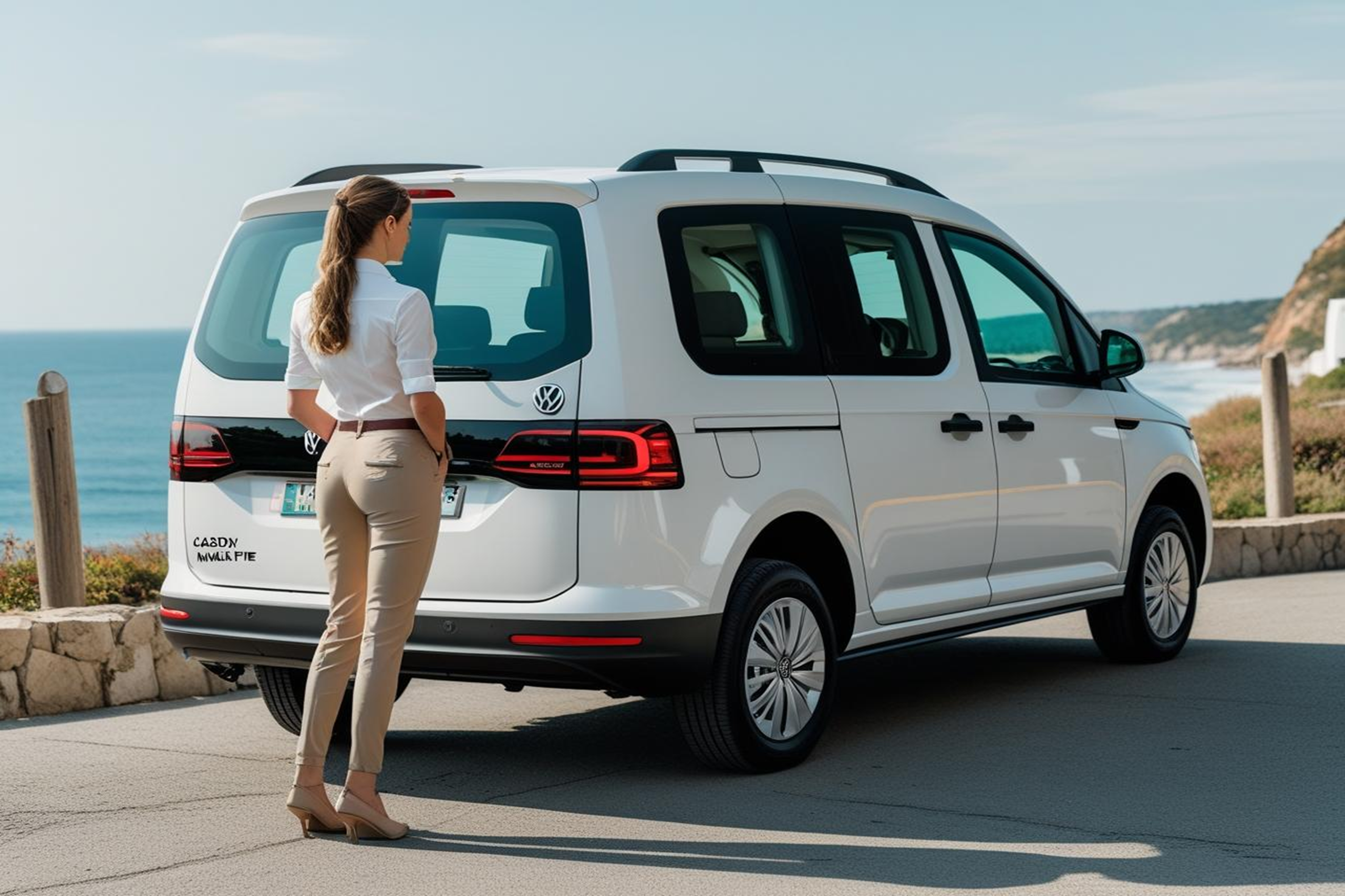 Private Female Chauffeur service for Coastal Shuttle services make sure its a white vw caddy not dressed to professional and backview of Private Female Chauffeur fitness 17-1080